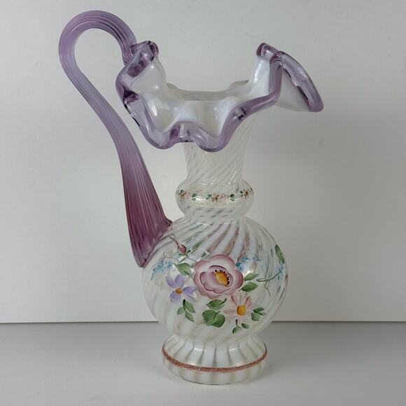 Fenton 1996 Signed Opalescent/Dusty Rose Crest Hand Painted Pitcher